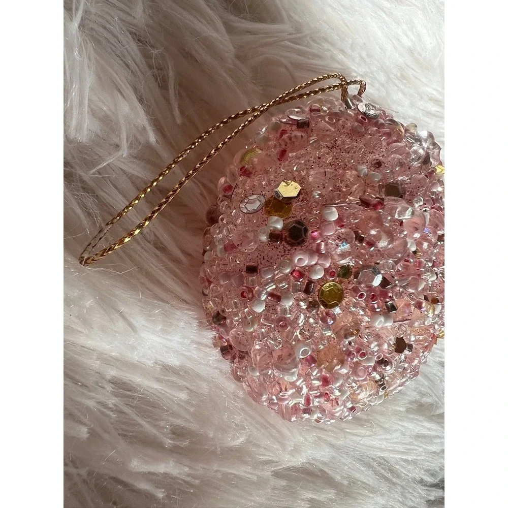 Pink Sparkly Beaded Christmas Tree Ornaments Set of 5 Gold Shimmering Baubles